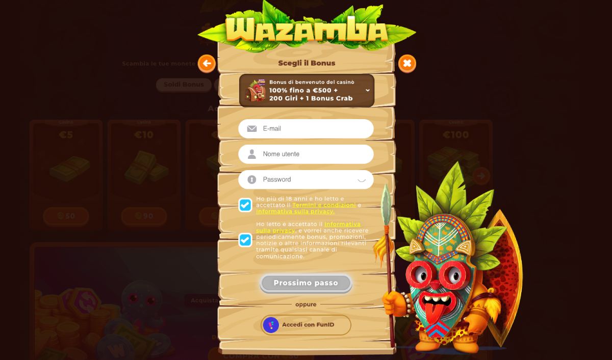 Registrazione su Wazamba